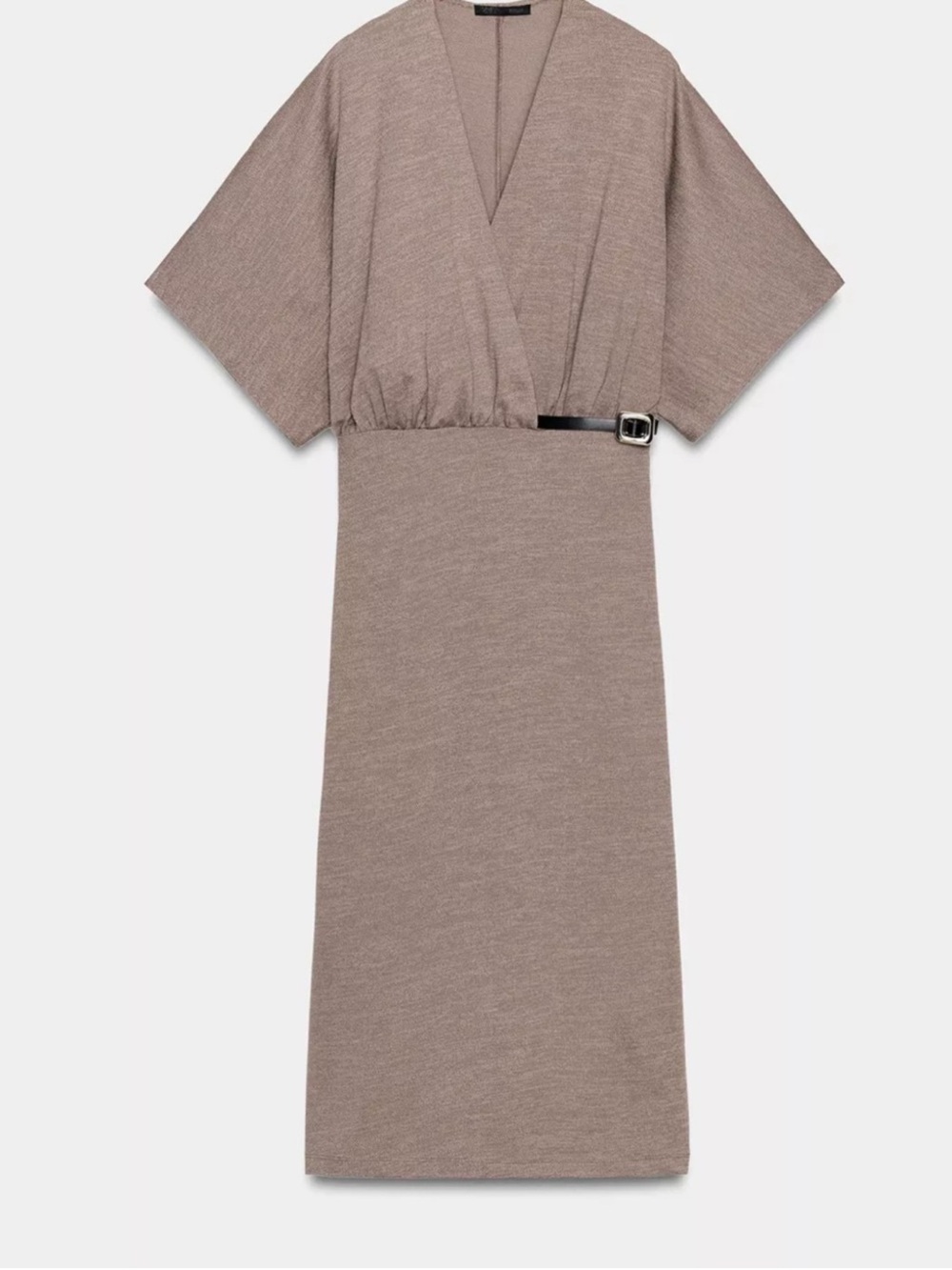 Zara Taupe Kimono-Sleeve Midi Dress with Black Belt